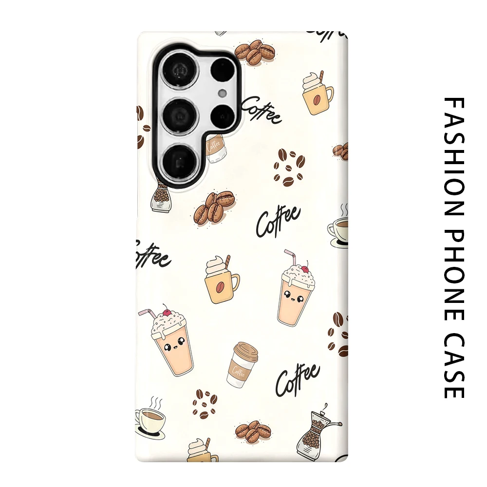 Coffee Doodle Phone Case for For Samsung Galaxy S26 S25 S24 S23 S20 FE A56 A36 Ultra Glossy HD Hard Cover Film Shell