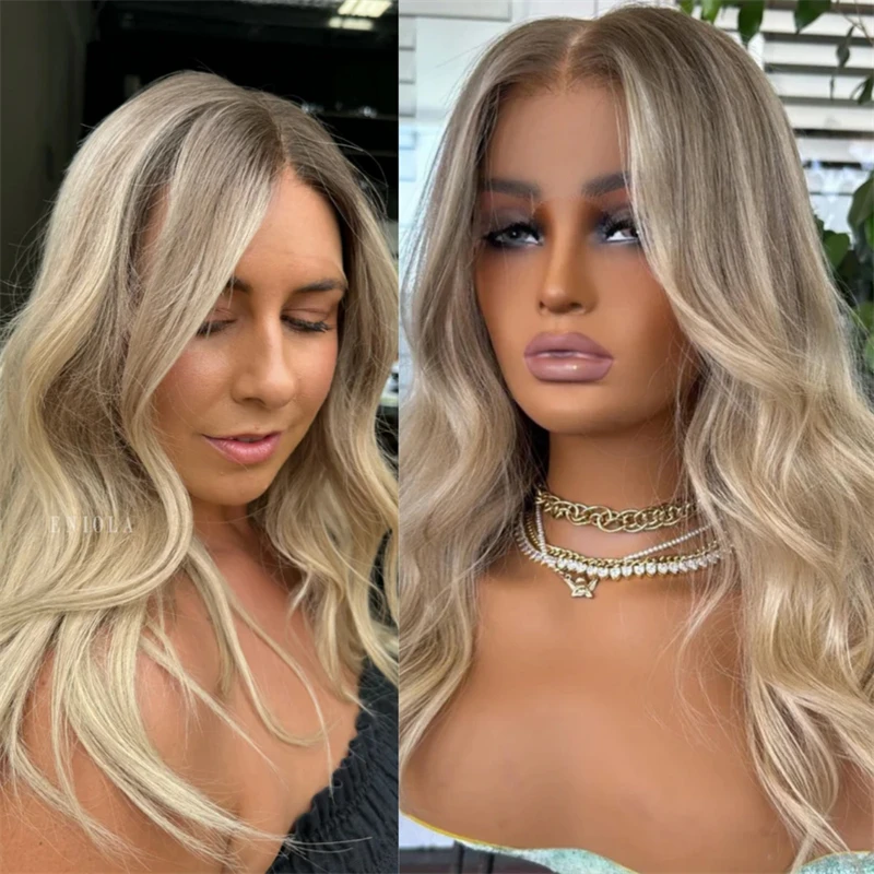 

Ombre Ash Blonde Wigs with Dark Roots Soft Party Wigs Fashion Wigs Body Wave Lace Front Wig Synthetic HD Wigs High Quality Wigs