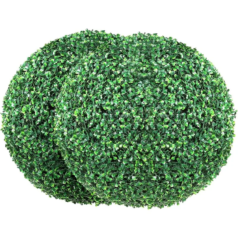 2 Pcs 20” Artificial Plant Topiary Ball, Faux Boxwood Balls with 2 LED Light String, All-Year Green Faux Plant Decorative Balls