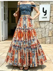 2026 Spring Summer Pleated Printed Skirt for Women New Retro Vacation Beach Splicing Chiffon Large Swing Long Skirt WA257