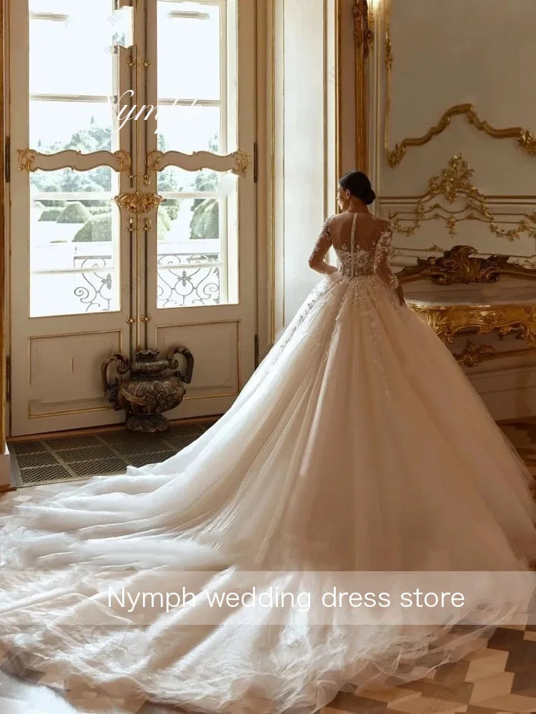 Embroidery Lace Ball Gown Wedding Dresses Glitter Tulle Beading Pearls  Customize Full Sleeves Scoop Bridal Gowns Robe de Mariée