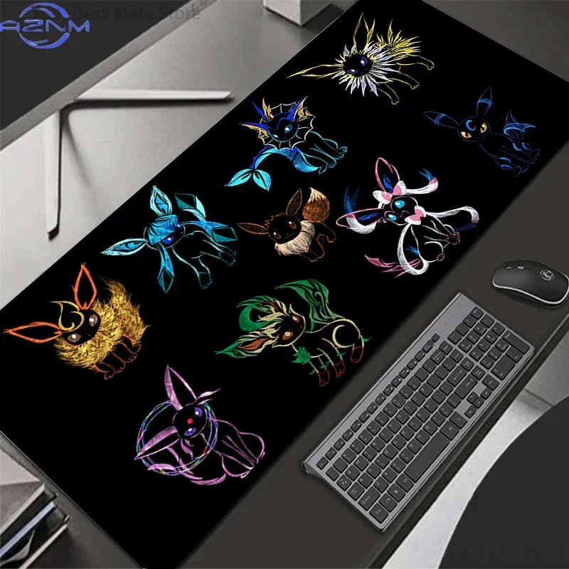 Large Extended Mousepad, Black Background Colorful Line Art Cartoon Creature Evolution Group Desk Mat, Rubber Non-Slip Base, Wat