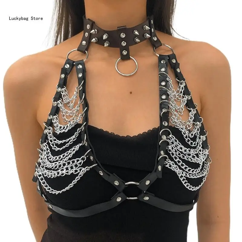 

Women Girls Punk Choker Body Chain Bra Goth Leather Necklace Collar Choker Harness Body Jewelry Gifts for Women Girls