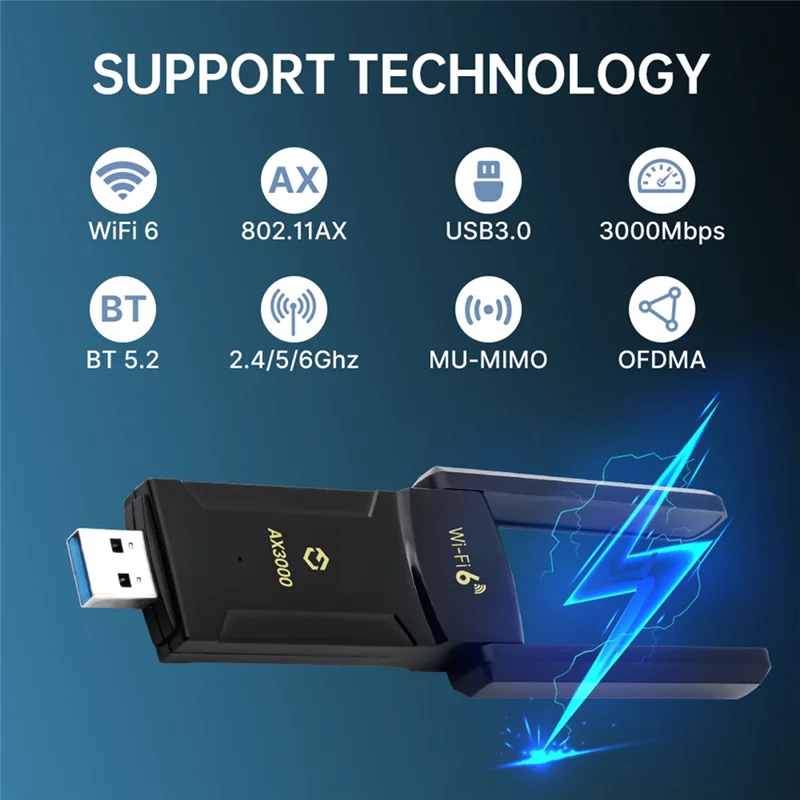 

AX3000 Wi-Fi 6E BT5.2 USB-адаптер Сетевой приемник USB3.0 Трехдиапазонный 2,4G/5G/6Ghz Wi-Fi 6 Беспроводная сетевая карта для Win10/11