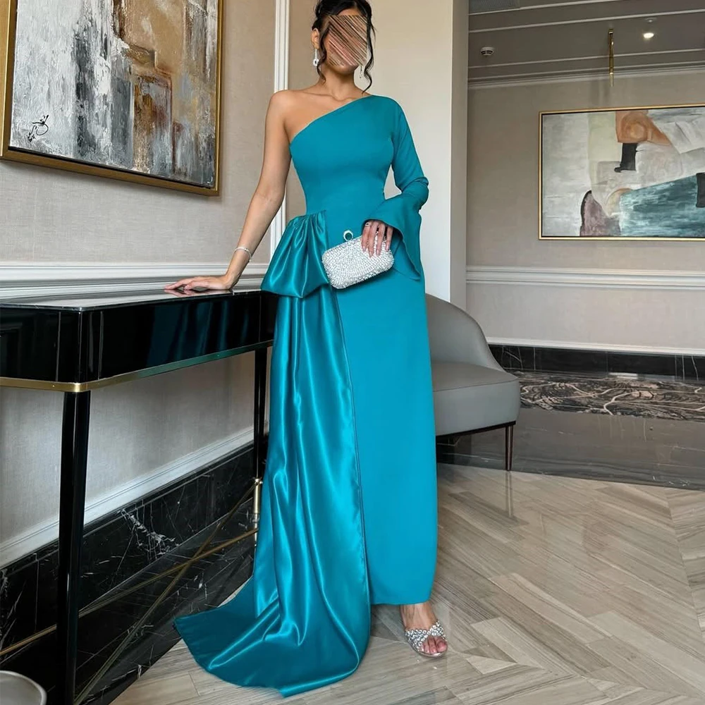 

DRESS FORU Simple One Shoulder Long Flare Sleeve Evening Dress Sheath Floor Length Customized Autumn Occasion Formal Gowns