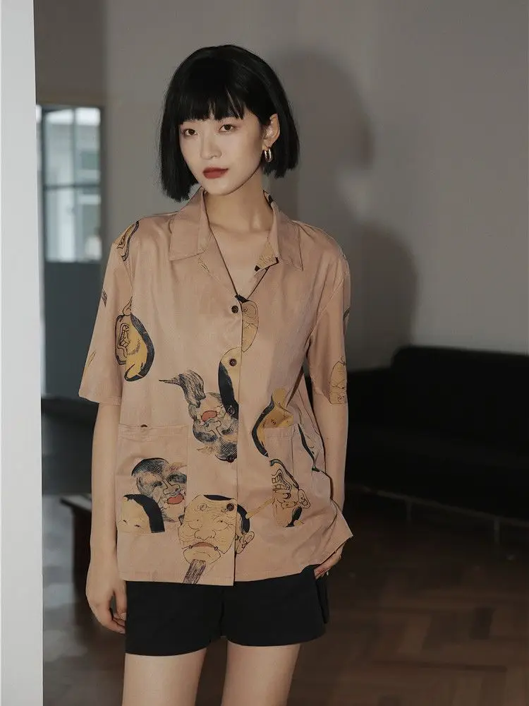 CHEERART Musashi Ukiyoe Japanese Streetwear Woman Blouses Shirts Short Sleeve Button Down Shirt Aesthetic Summer Top Clothes