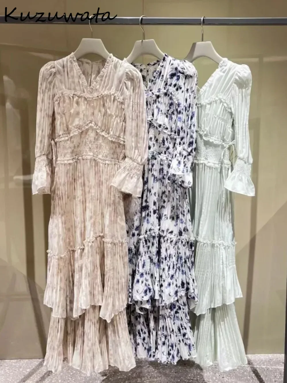 

Kuzuwata Elegant V Neck Flare Sleeve Patchwork Robe Heavy Ruffles Slim Waist Ruched Dress Japan Print Drawstring Commuter Mujer