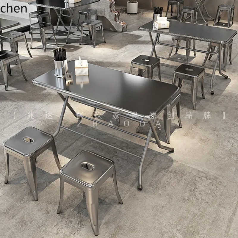 Industrial Style Stainless Steel Dining Table Simple Snack BBQ Restaurant Outdoor Folding Dining Table and Chairs