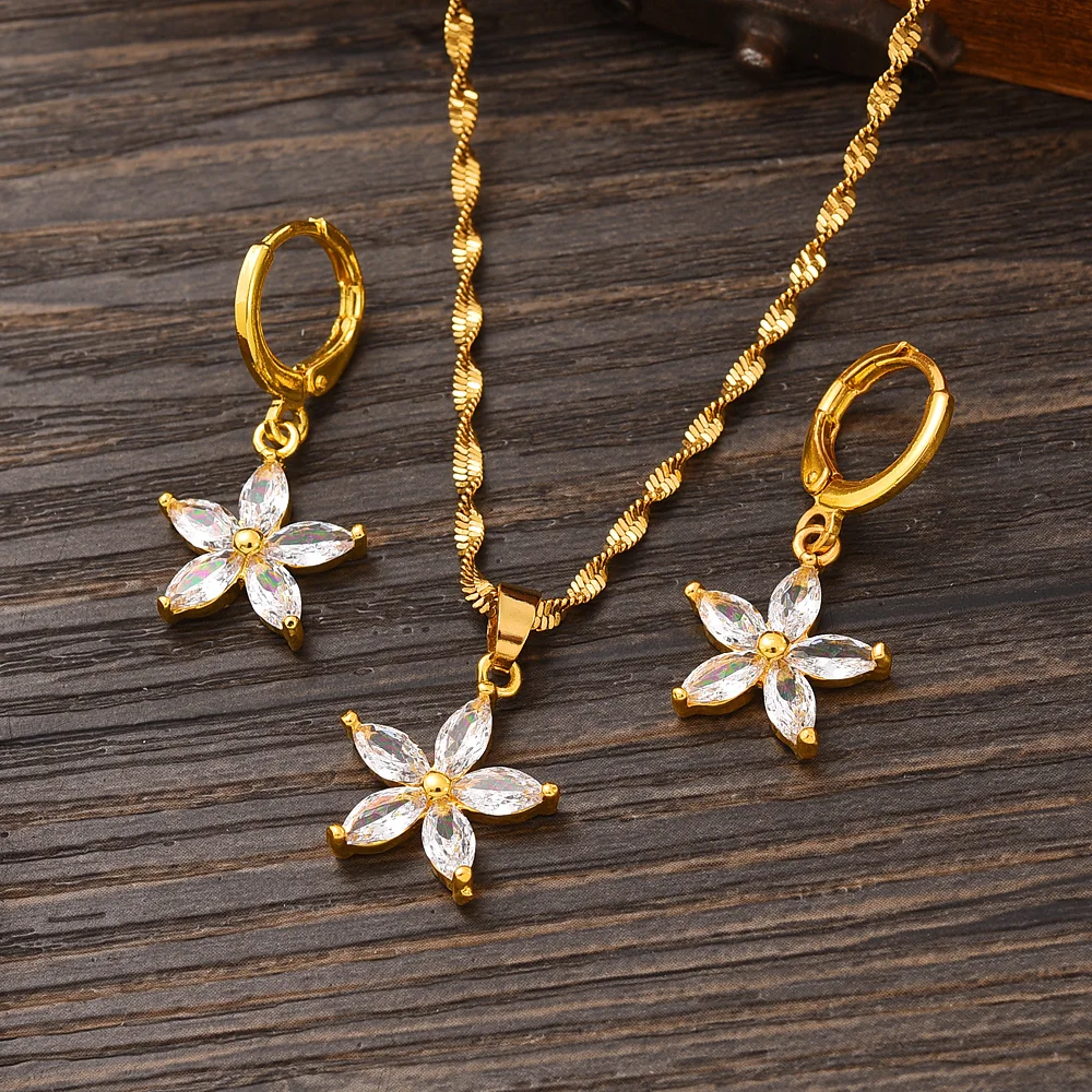 24k Gold Plated Africa White CZ Flower Jewelry Necklace pendant Earrings wedding Birthday Party Jewelry Sets For Women Girl Gift