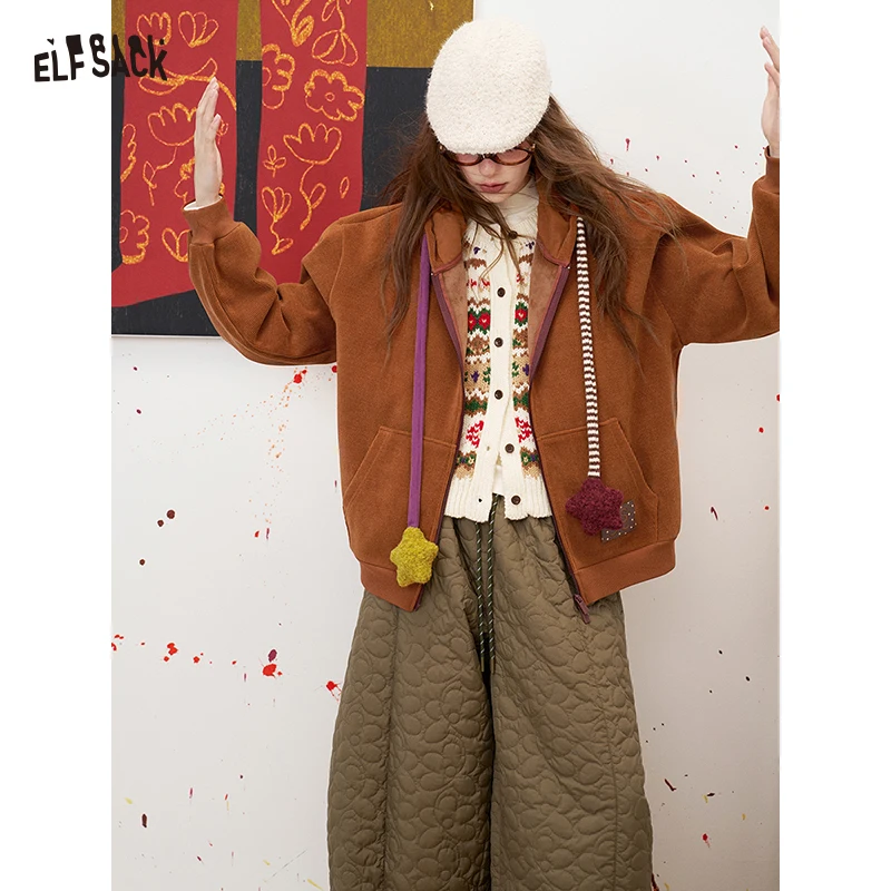 ELFSACK Women's Brown Zip Up Hooded Jacket with Star Decor, Loose Casual Outerwear for Everyday Cozy Wear