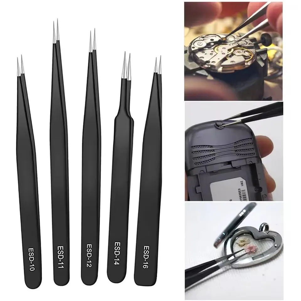6 قطعة مجموعة ملاقط الدقة ESD الاستاتيكيه ملاقط من الفولاذ المقاوم للصدأ أداة إصلاح مكافحة المغناطيسي الإلكترونية لحام أداة للحرف اليدوية