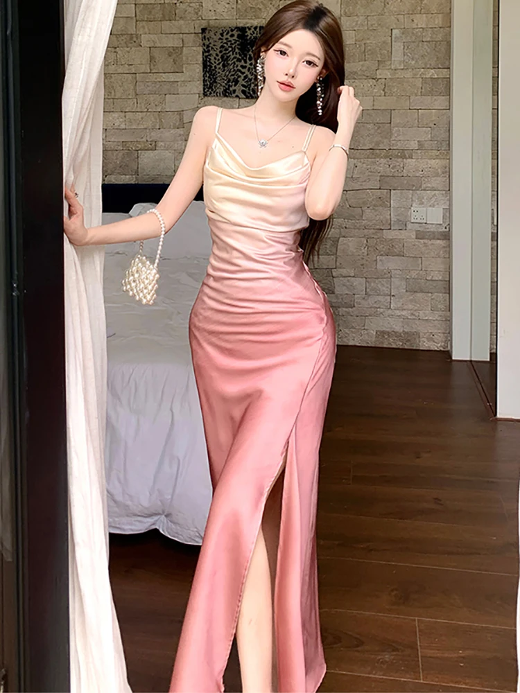 Verão gradiente rosa acetato cetim estilingue vestido longo feminino coreano vintage vestido de noite de luxo 2025 novo elegante bodycon vestidos