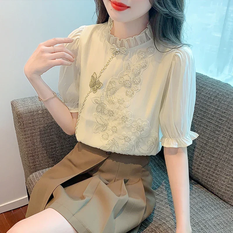 

2023 Summer Women Sweet Ladies Ruffles Embroidery Appliques Short Sleeve Chiffon Top Shirt , Woman Butterfly Beading Tops Shirts