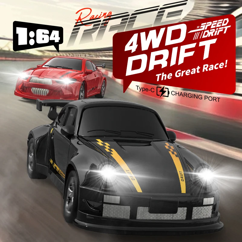 1:64 4WD RC Drift Car 2.4GHz Mini Desktop Racing Car with LED Light Type-C Charging Remote Control Toy for Kids Gift