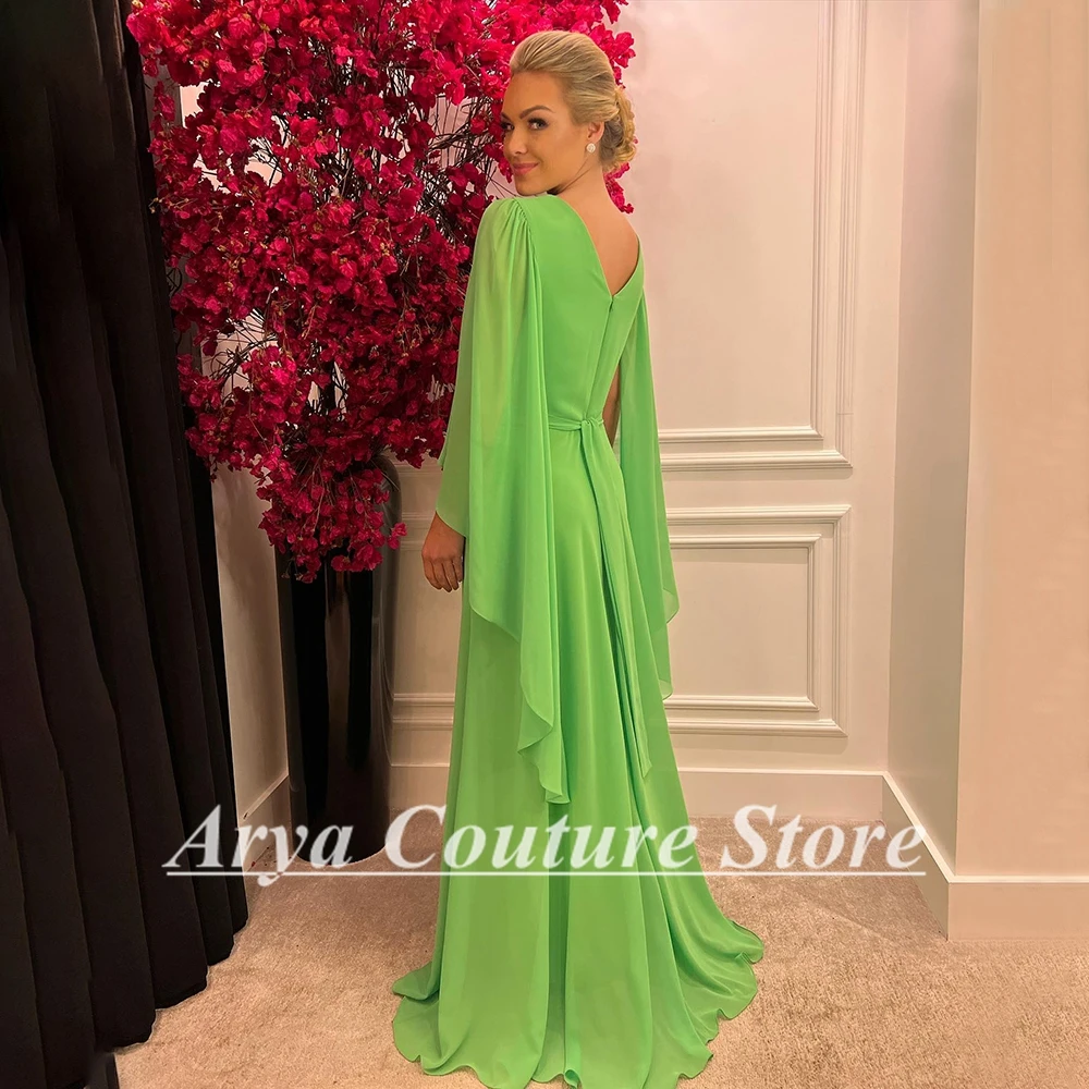 Elegant Green V-Neck Chiffon Formal Evening Dress Women's Pleats Floor Length Prom Gowns Zipper Back Wedding Guest Dress