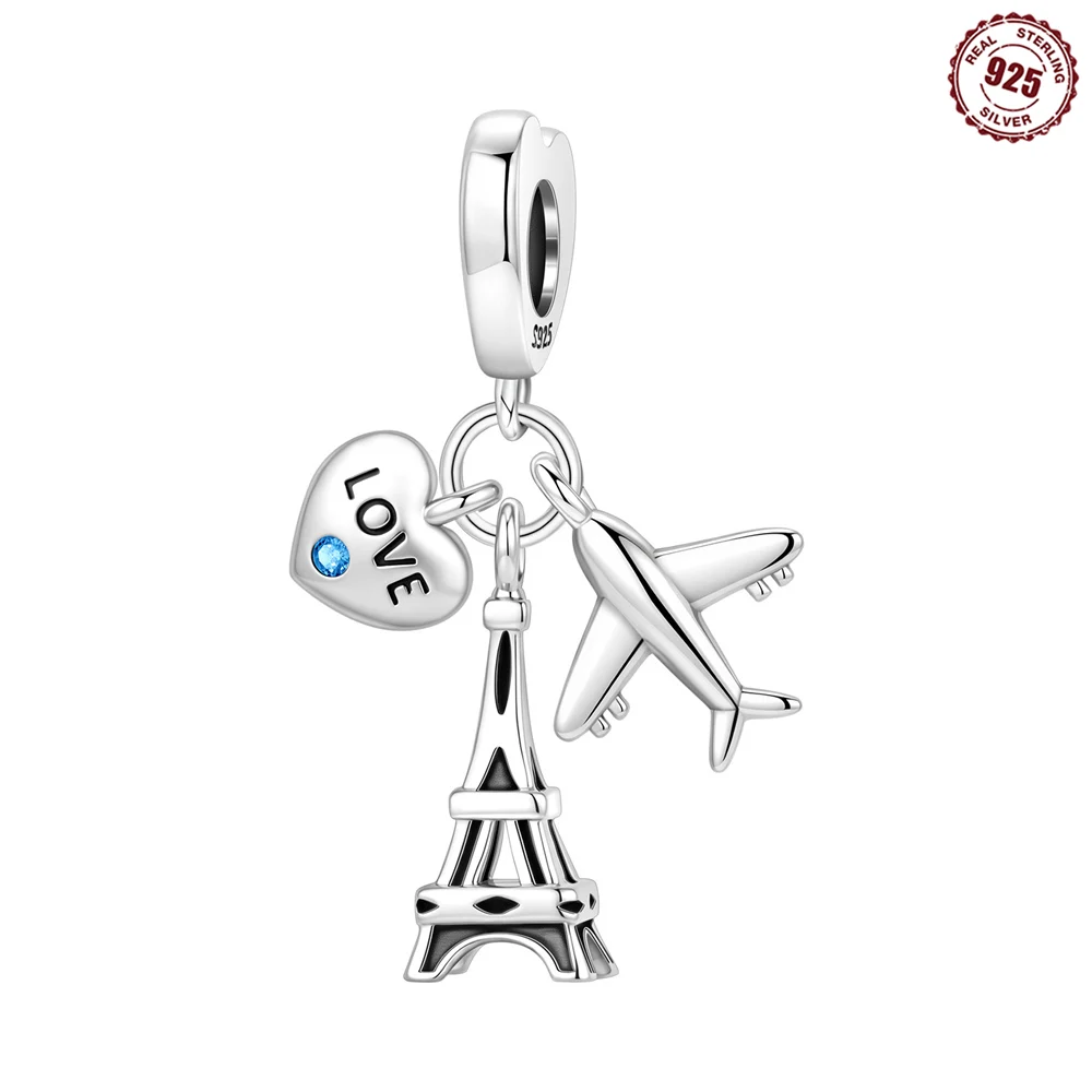 925 Sterling Silver Paris Travel Dangle Charm Eiffel Tower Airplane Love Heart Blue Zircon Pendant Fit Bracelet Jewelry Gift ﻿