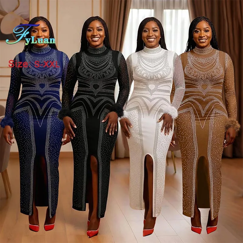 Long Sleeve Gown Women‘s Long Dress Round Neck Hot Diamond Bodycon Dress Hem Split Slim Maxi Dress Lady Elegant Evening Clothes