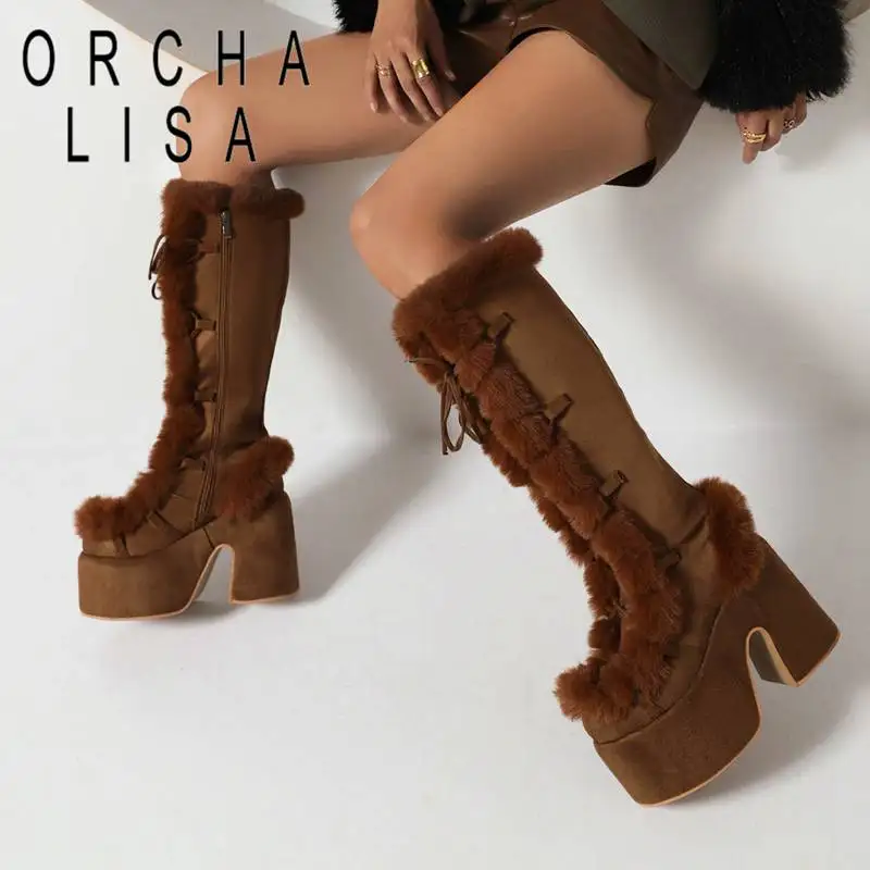 ORCHA LISA Womens Knee High Boots Round Toe Ultrahigh Heels 17.5cm Platform Hill 7.5cm Fashion Warm Snow Booties 45 46