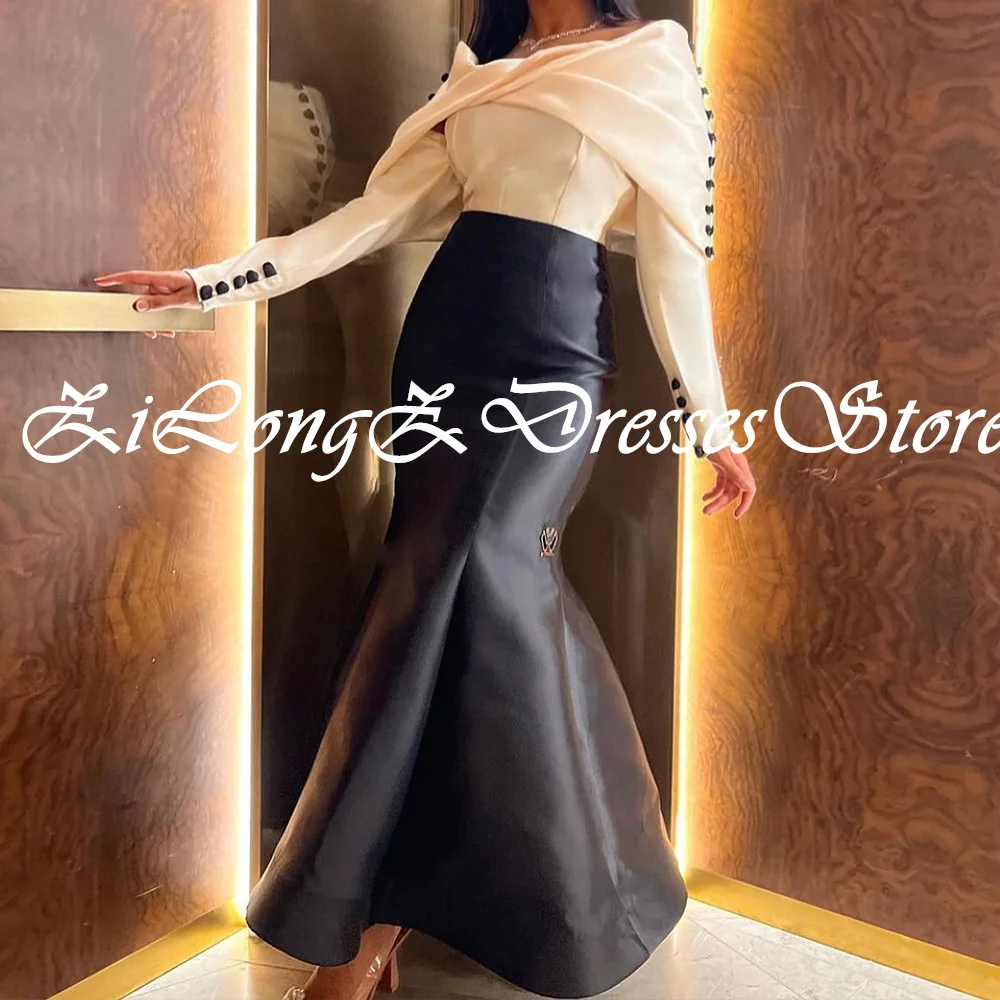 Dubai Evening Caftan Dress Contrast Color Buttons Boat Neck Long Sleeve Ankle Length Satin Mermaid Classic Celebrity Dress