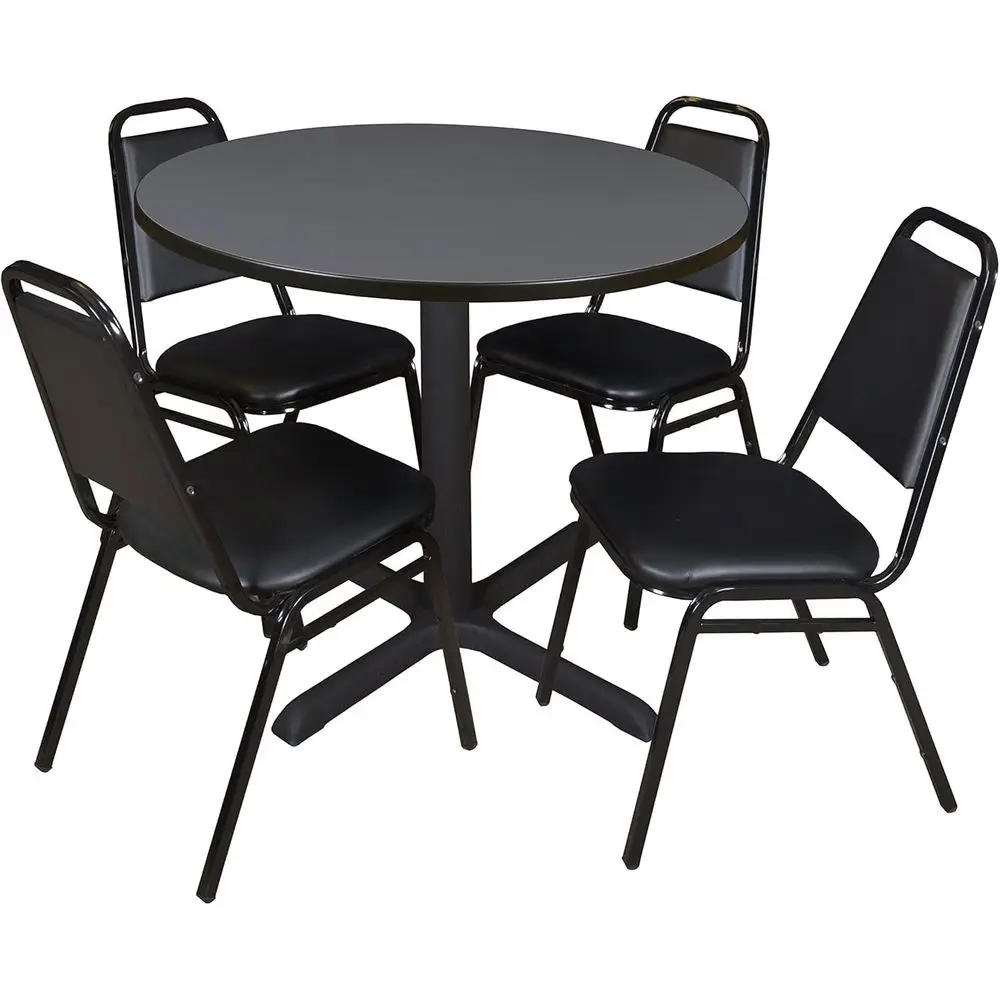 

42 Grey Round Dining Table with 4 Stackable Black Restaurant Chairs