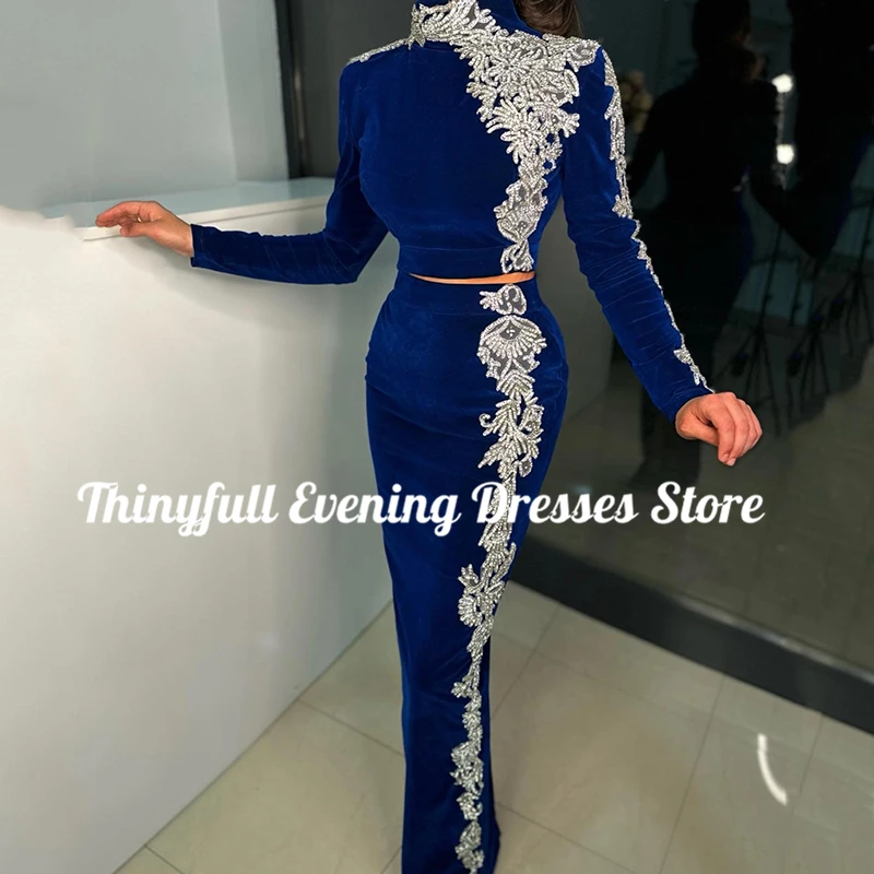 Thinyfull Formal Mermaid Prom Dresses Long Sleeve Beadings Evening Dress 2023 Saudi Arabia Velvet Cocktail Party Gowns Plus Size