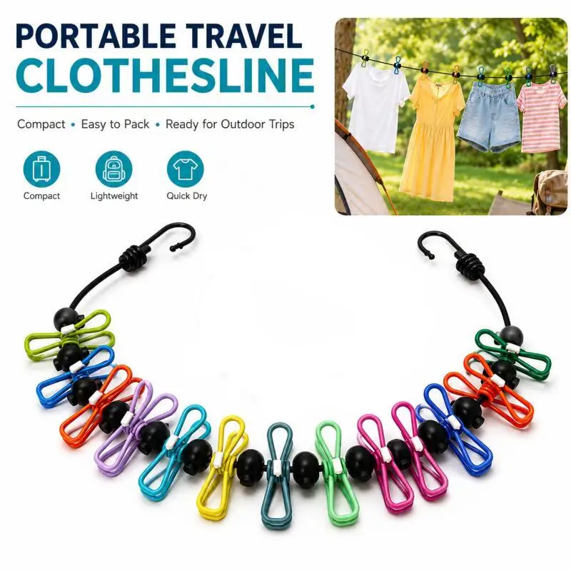 1PC-Portable Retractable Travel Clothesline with 12 Clips,Random Color Elastic Laundry Rope for Indoor Outdoor Use