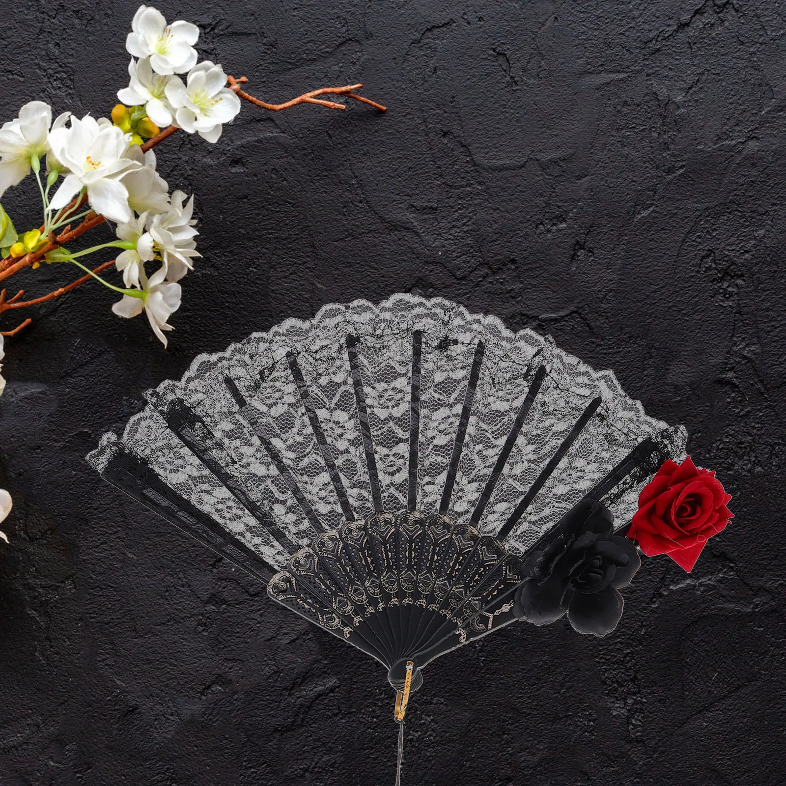 

Gothic Lace Folding Hand Black Silk Lolita Style Victorian Elegant Portable Fan For Halloween Wedding Cosplay Party Decorative