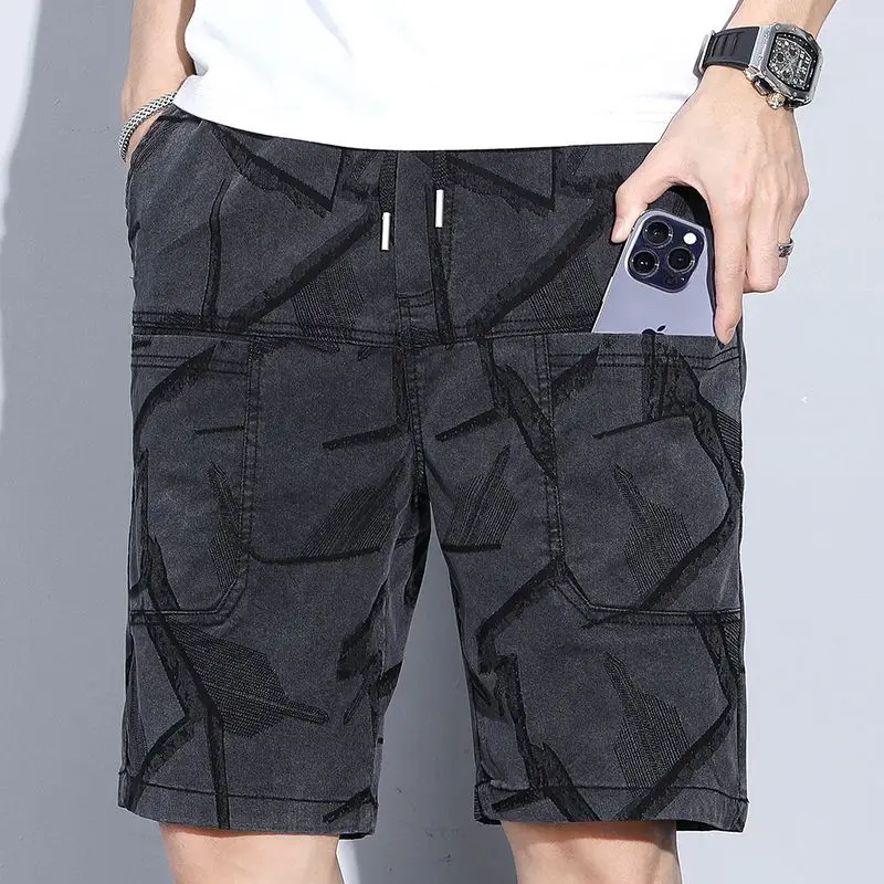 Male Denim Shorts Stretch Gray Baggy Stripe Men's Short Jeans Pants Loose Wide Straight New in Luxury Popular Retro Streetwear