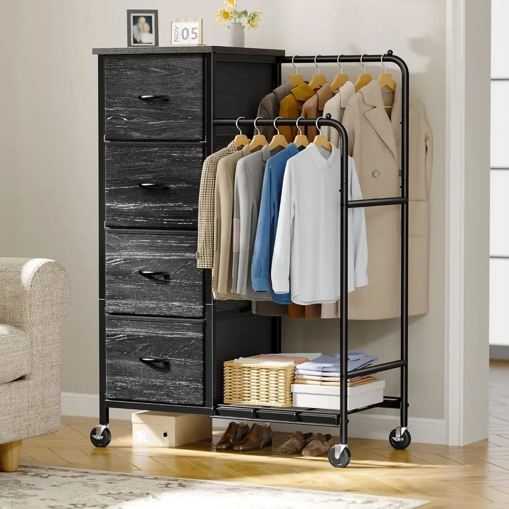 Hanging Rack with 4 Fabric Drawers, Double Clothes Rack & Wheels, Tall Closet Organizer for Bedroom or Entryway, Black, 15.8 D x