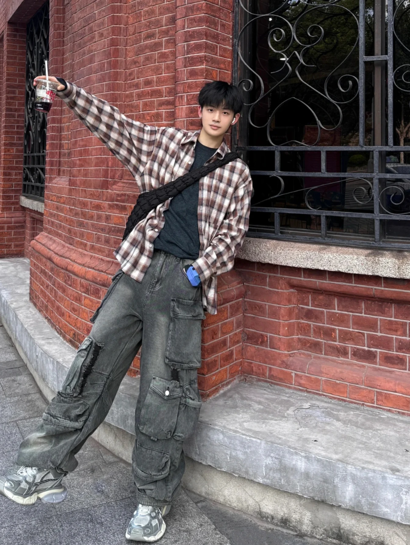 

Американский ретро Cleanfit Plaid irt ex Весна Осень Повседневный свободный винтажный длинный све Топ Faionable Urban Sle