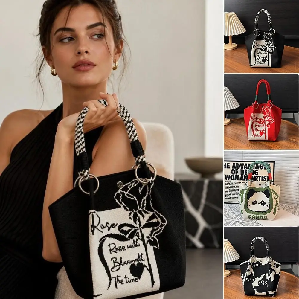 Portable Cartoon Knitted Bucket Bag Large Capacity Woven Ring Buckle Wrist Bag Handmade Shoulder Bag for Women Girls