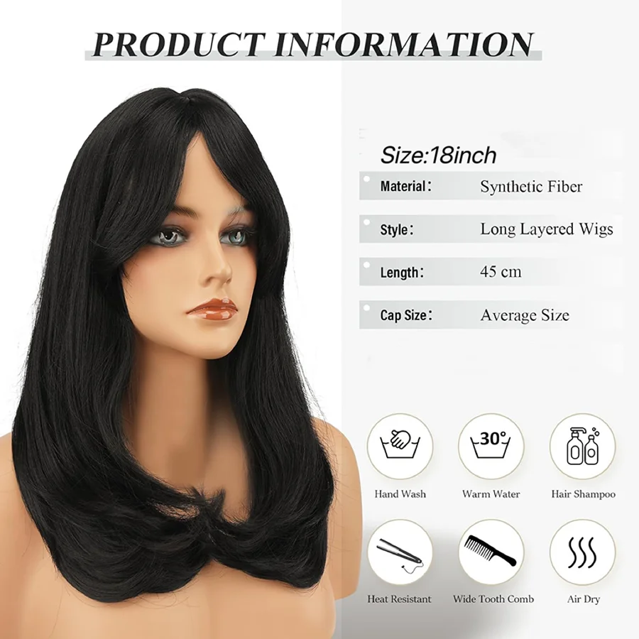 18 inchLong Wigs with Curtain Bangs, Synthetic Natural Looking  Straight Hair Wig Daily Party Use Natural Black