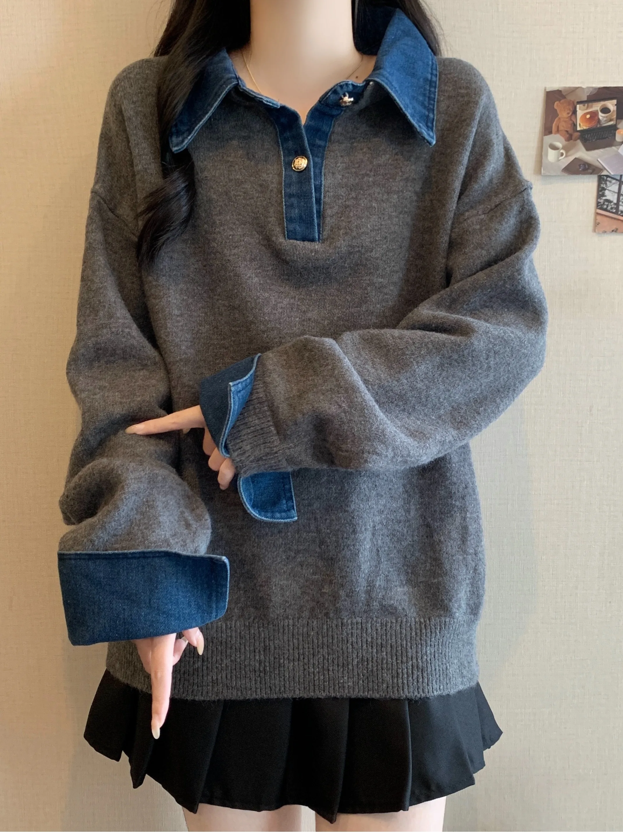 เสื้อสเวตเตอร์ผู้หญิง ดีไซน์ทันสมัย ทรงหลวม ไซส์ใหญ่ สำหรับฤดูใบไม้ร่วงและฤดูหนาว  คอเสื้อเดนิม  ช่วยให้ดูผอมเพรียว