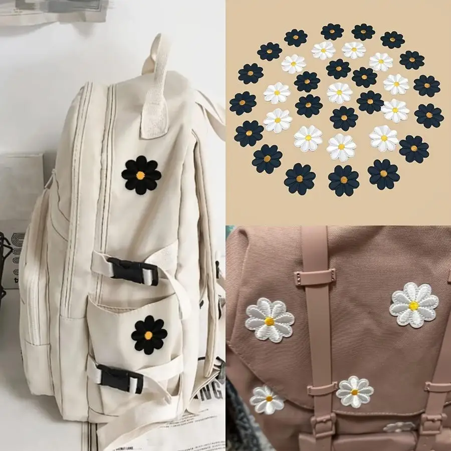 1/5/10/20/50/100pcs [Black White Sun Flower] s Black White Sun Flower Daisy Embroidery Patches | Iron on Applique Fabric for Clo