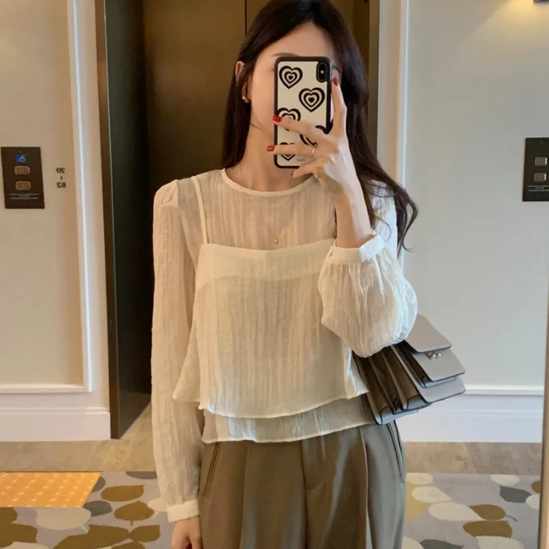 2024 Woman Shirts & Blouses Elegant Temperament Ropa Mujer Long Sleeve Blusas O-neck Camisas Fashion New Blusa with Camis