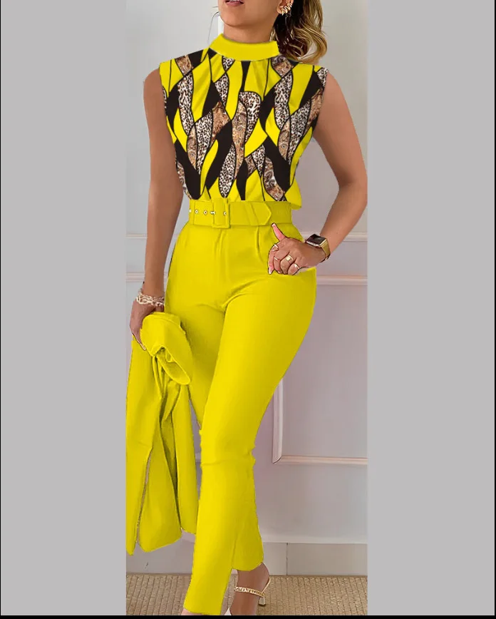 Two Piece Set Women Print Slim Fit Sleeveless Tops Stand Collar Splice Pencil Pant Sets High Waist Elegant Lady Outwear