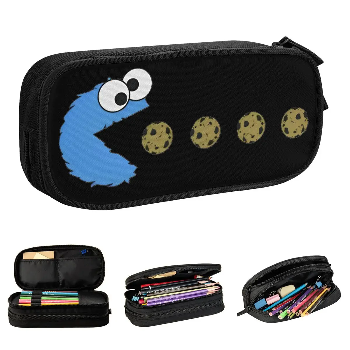 S-Sesame Street Cookie Monster Pencil Cases Cartoon Comedy Pencil Box Pen for Student Big Capacity Bag Office Zipper Stationery