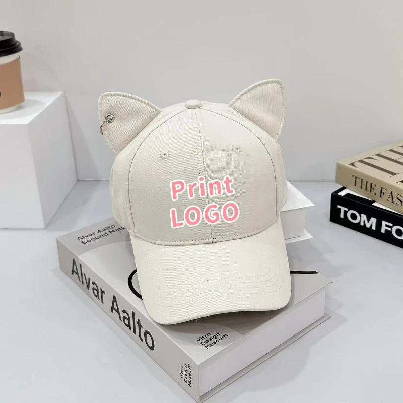 

Custom Print Logo Cat Ear Baseball Cap Cute 3D Ears Design Adjustable Cotton Dad Hat Sun Hat for Women Streetwear Party Gift