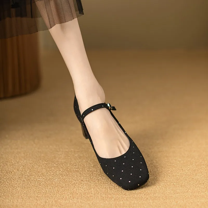 New Women's Bling Pumps High Heels Party Dress Shoes Square Toe Mary Janes Shoes Black Red Glitter Zapatos Mujer Dress Shoes