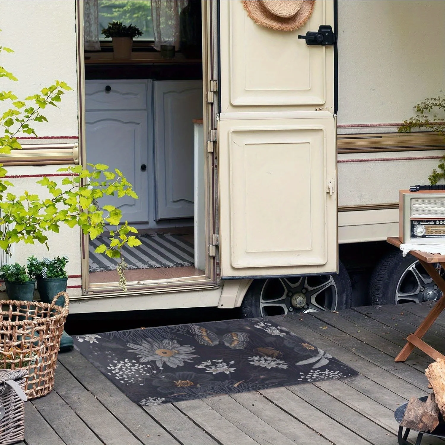 مجموعة سجادة أرضية الحمام RV مكونة من 3 قطع، سجادة كفاف على شكل زهرة اليعسوب على شكل حرف U، غطاء مقعد المرحاض، حمام مضاد للانزلاق