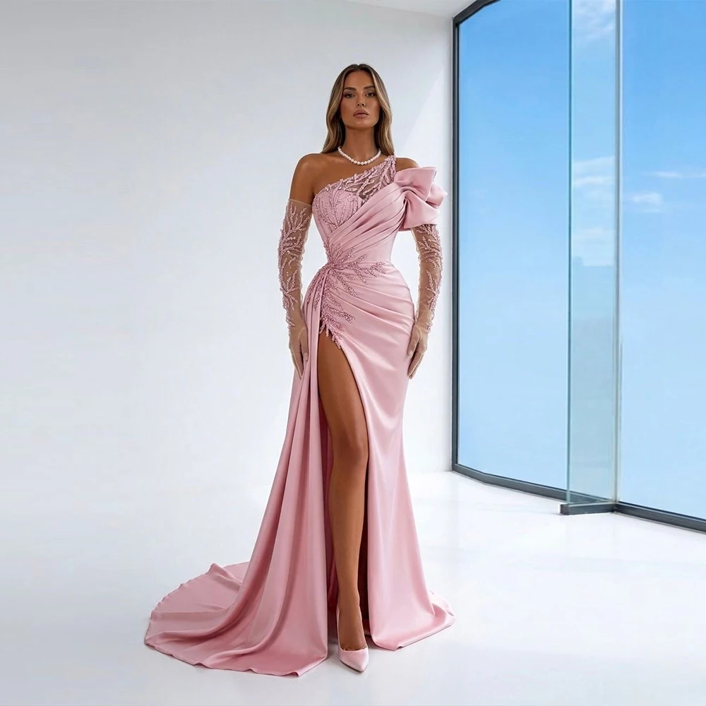 Customized Formal Party Dresses Floor Length Women's Evening Dresses Mermaid One Shoulder Formal Wedding Beading Prom Dress