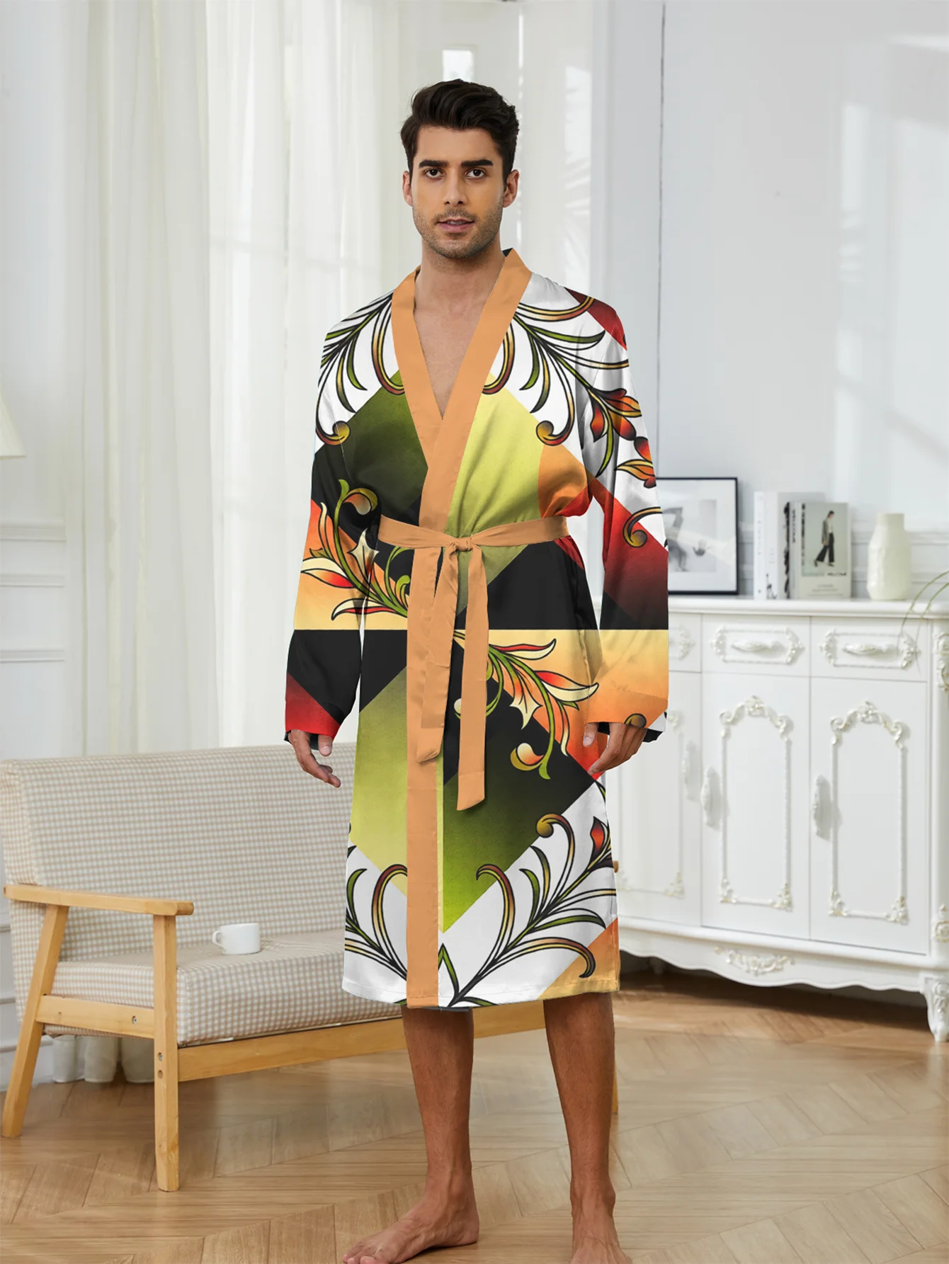 

2026 new 3D digital printed fashionable robe for casual and comfortable, quick drying home men's bathrobe.