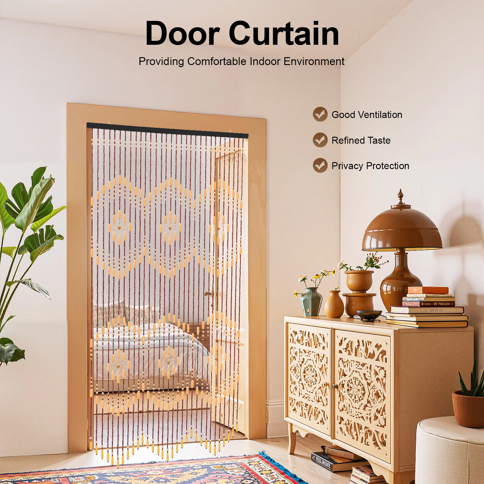 

200*90cm Room Divider Curtain, Bamboo Wood Beaded Curtain, Log Color Door Curtain 52 Strings Beaded Curtain Decor