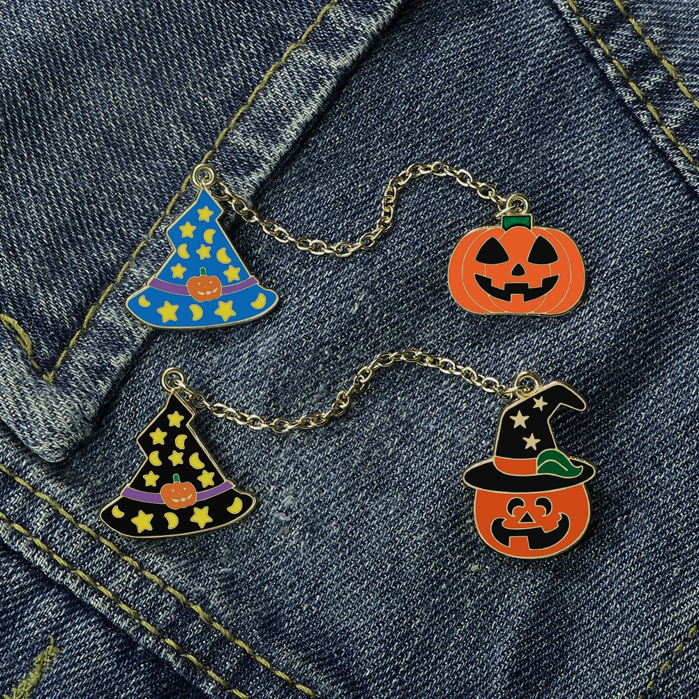 Funny Halloween Theme Pumpkin Enamel Pin Long Chain Magic Hat Devil Metal Brooch Unisex Backpack Lapel Badges Party Jewelry Gift