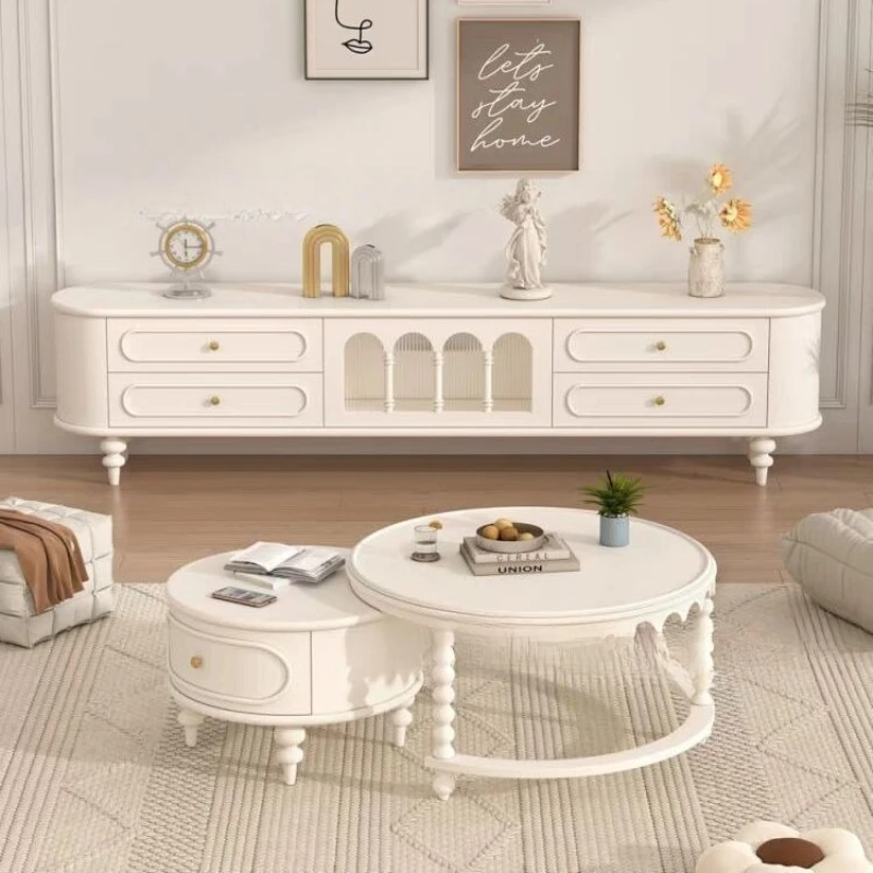 ] Solid wood TV cabinet French cream style living room furniture TV cabinet coffee table combination household modern style