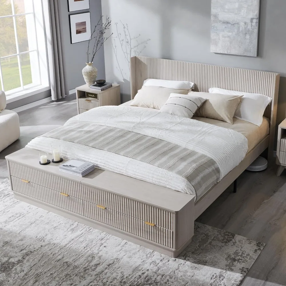 

Fluted King Size Bed Frame with Wingback Headboard, Footboard Storage Bench with Built-in Drawers & Lift-Up, Customized