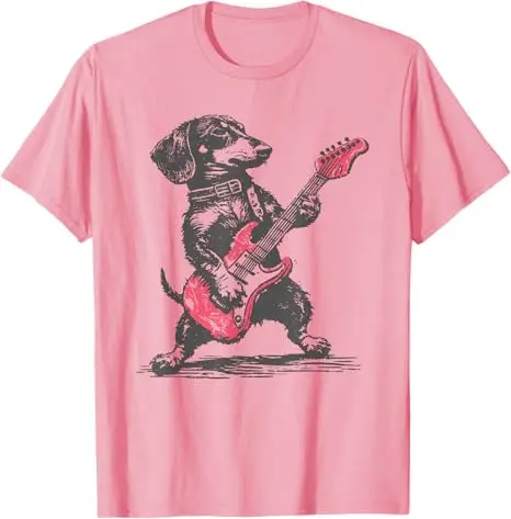 Vintage Dachshund Weenie Playing Guitar T-Shirt Dog Men Music Lover Y2k Graphic Outfit Funny Rock Hip Hop Streetwear Saying Tee