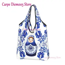 Reciclagem Matryoshka sacola de compras para mulheres, russo, Folk Art, mercearia Shopper Bags, Doll Tote, Rússia