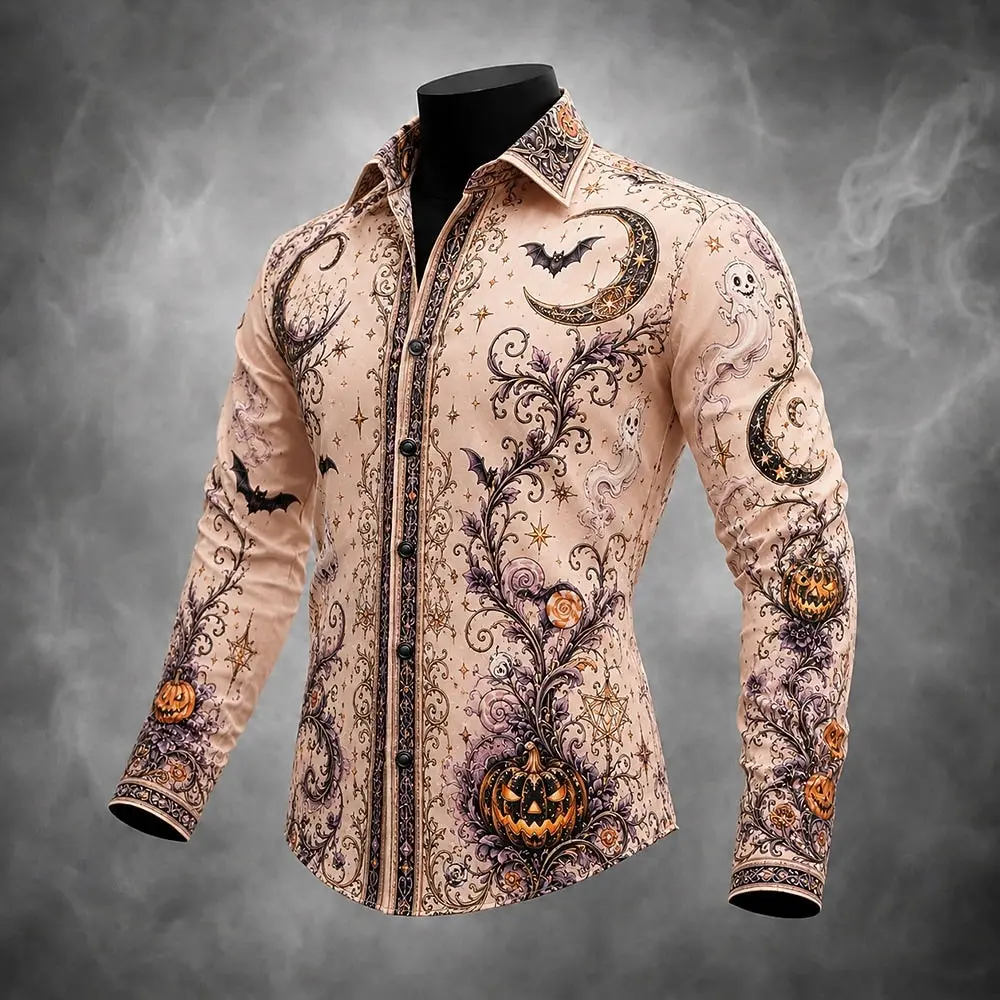 Men Long-Sleeve Button-Down Shirt Beige Base Vintage Vine Moon Bat Pumpkin Print Polyester Lapel Collar Party Top