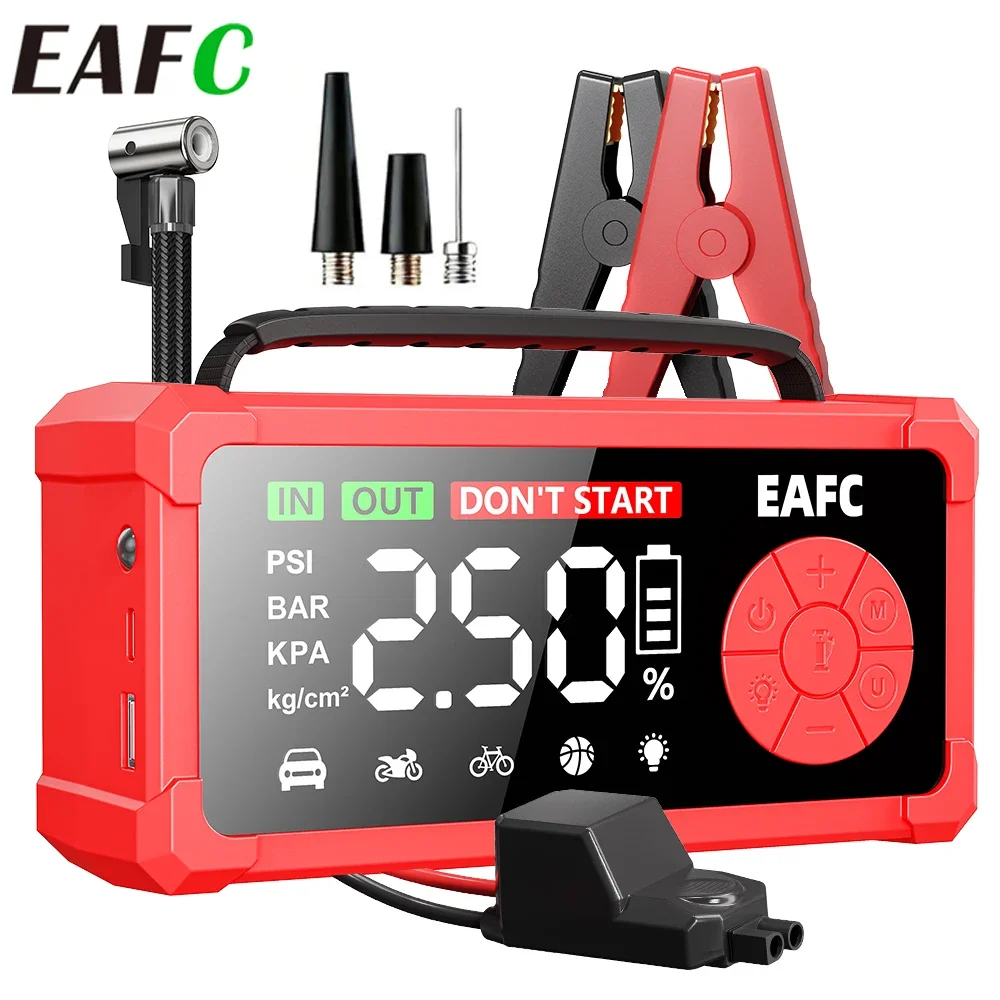 Avviatore di emergenza EAFC 3000A con compressore d'aria, gonfiatore pneumatici 150PSI, avviatore portatile per batteria auto 12V (motori 9.0L benzina/6.5L diesel), jump box con cavi di avviamento